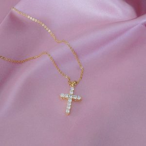 Gold Cross Pendant Necklace with Sparkling Crystals
